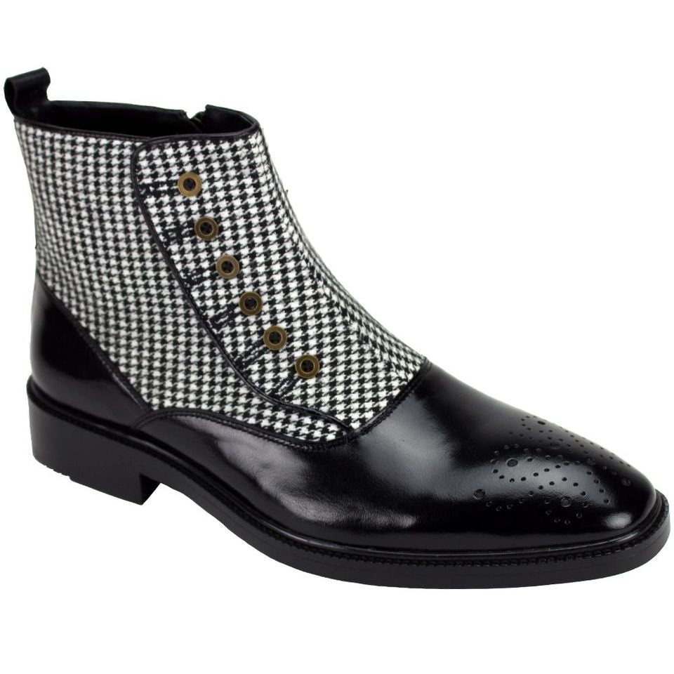 Giovanni Kendrick Leather Button Up Dress Boot in Black & Tweed